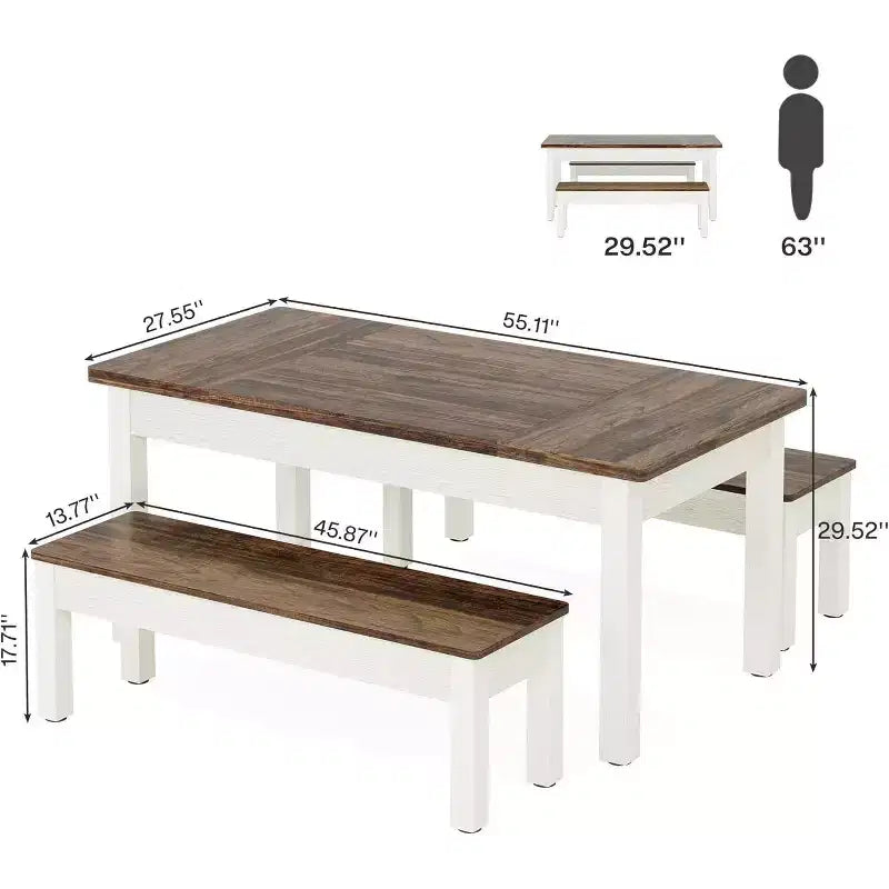 Lantine 55.11-Inch Large Dining Table Set, 3 Pieces Wood Kitchen Table with 2 Benches