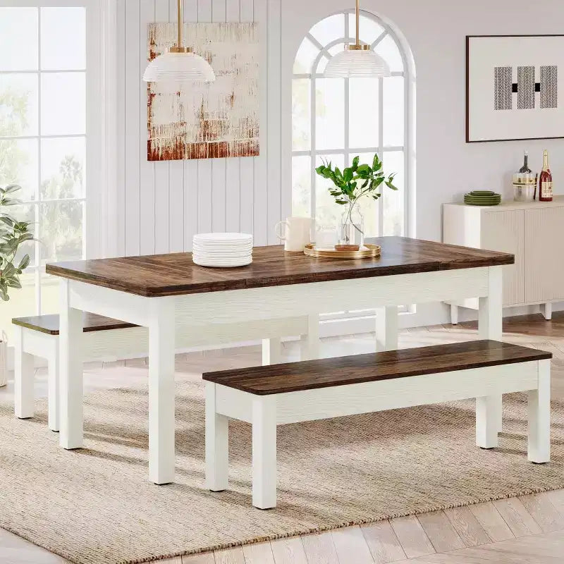 Lantine 55.11-Inch Large Dining Table Set, 3 Pieces Wood Kitchen Table with 2 Benches