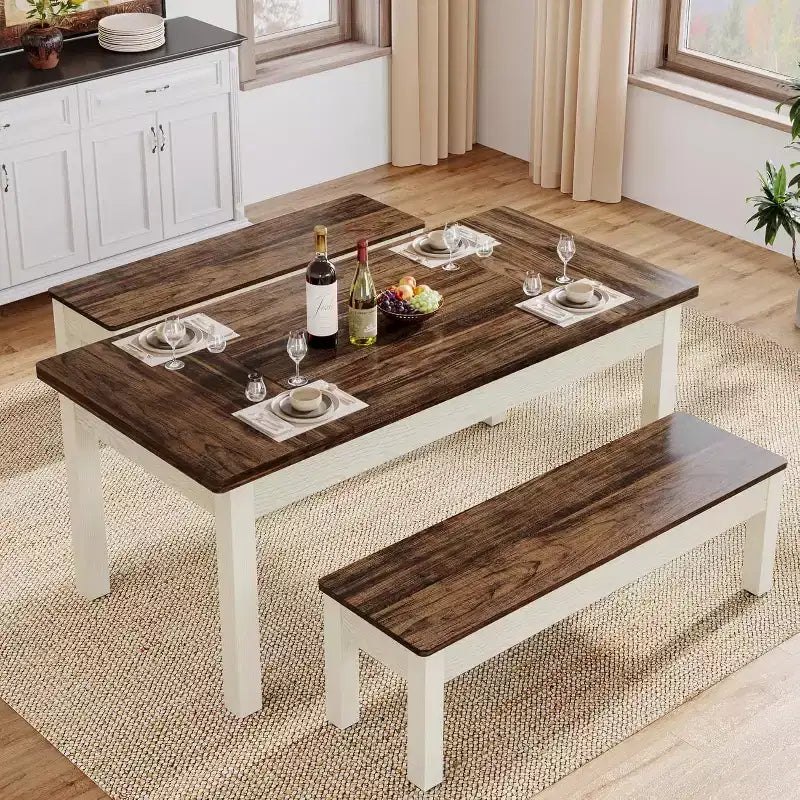 Lantine 55.11-Inch Large Dining Table Set, 3 Pieces Wood Kitchen Table with 2 Benches