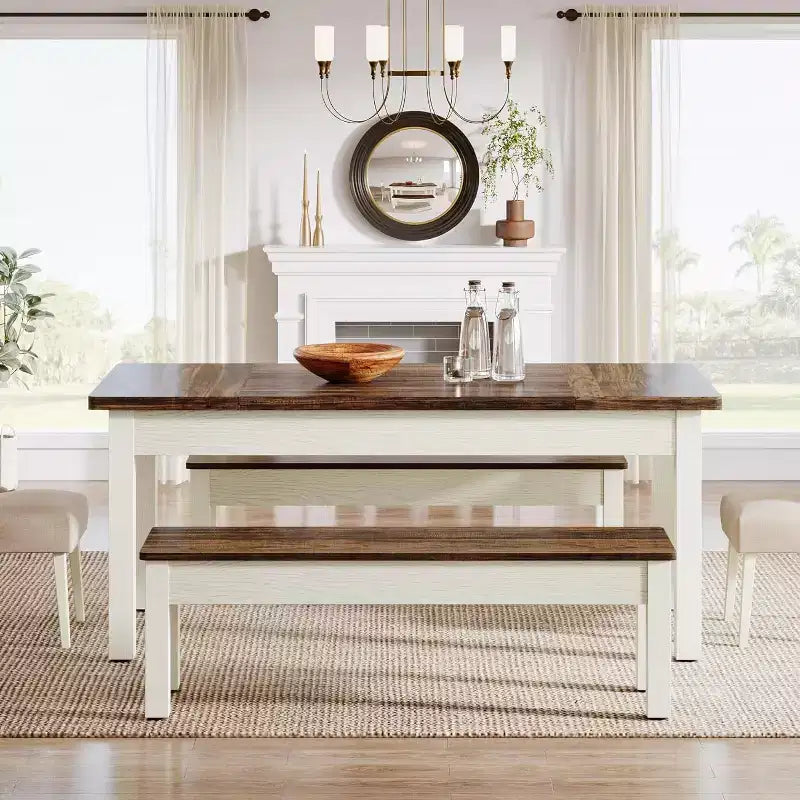 Lantine 55.11-Inch Large Dining Table Set, 3 Pieces Wood Kitchen Table with 2 Benches
