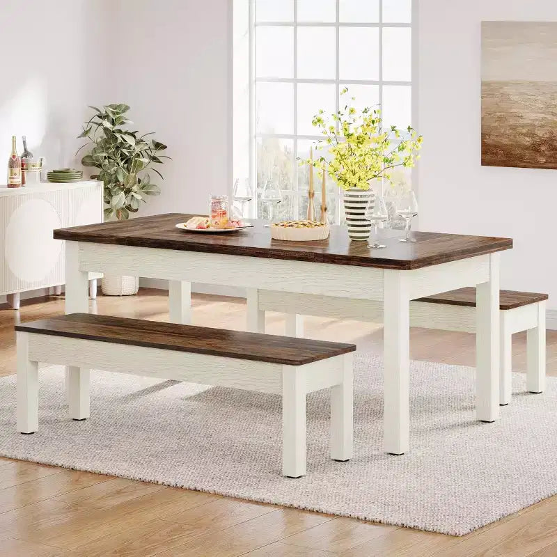 Lantine 55.11-Inch Large Dining Table Set, 3 Pieces Wood Kitchen Table with 2 Benches