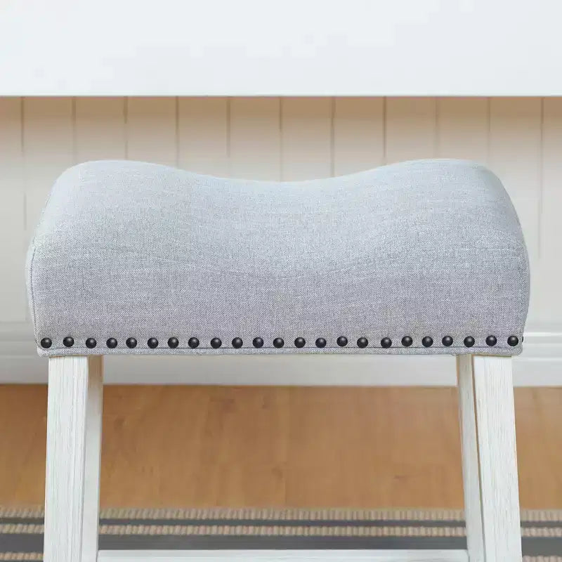 Roundhill Furniture CoCo Upholstered Counter Height Stools - Saddle Seat, White-Washed Finish, Gray Fabric, Set of 2