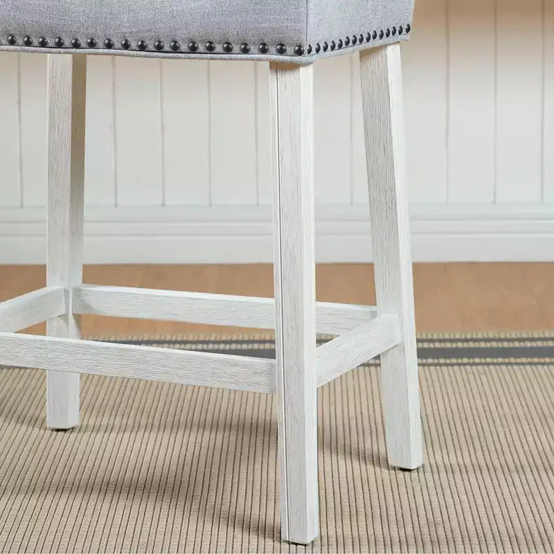 Roundhill Furniture CoCo Upholstered Counter Height Stools - Saddle Seat, White-Washed Finish, Gray Fabric, Set of 2