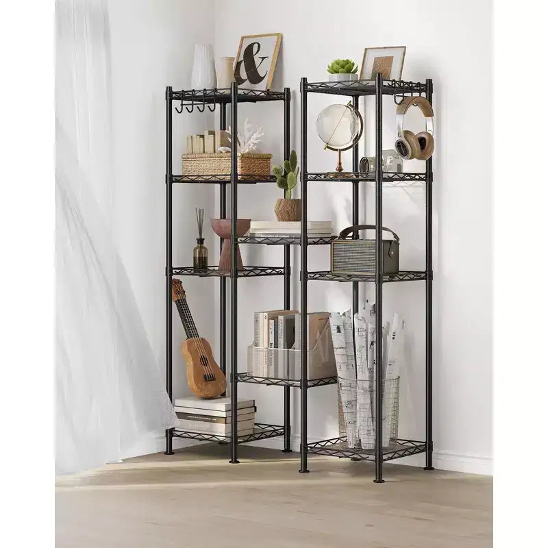SONGMICS 5-Tier Bathroom Shelf, Storage Rack for Small Space, with 5 PP Shelf Liners, Removable Hook, Extendable Design