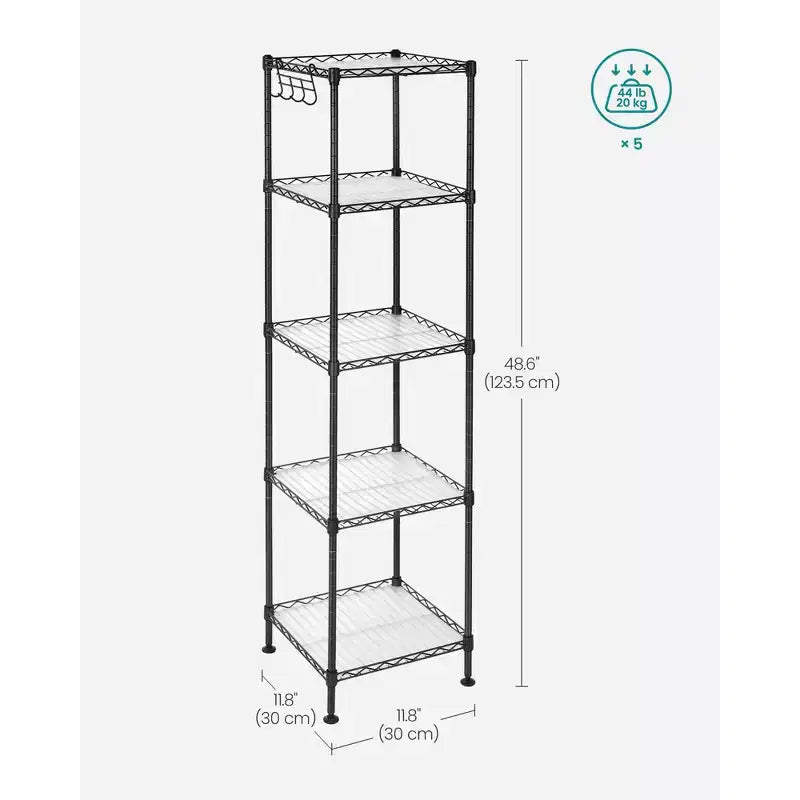 SONGMICS 5-Tier Bathroom Shelf, Storage Rack for Small Space, with 5 PP Shelf Liners, Removable Hook, Extendable Design