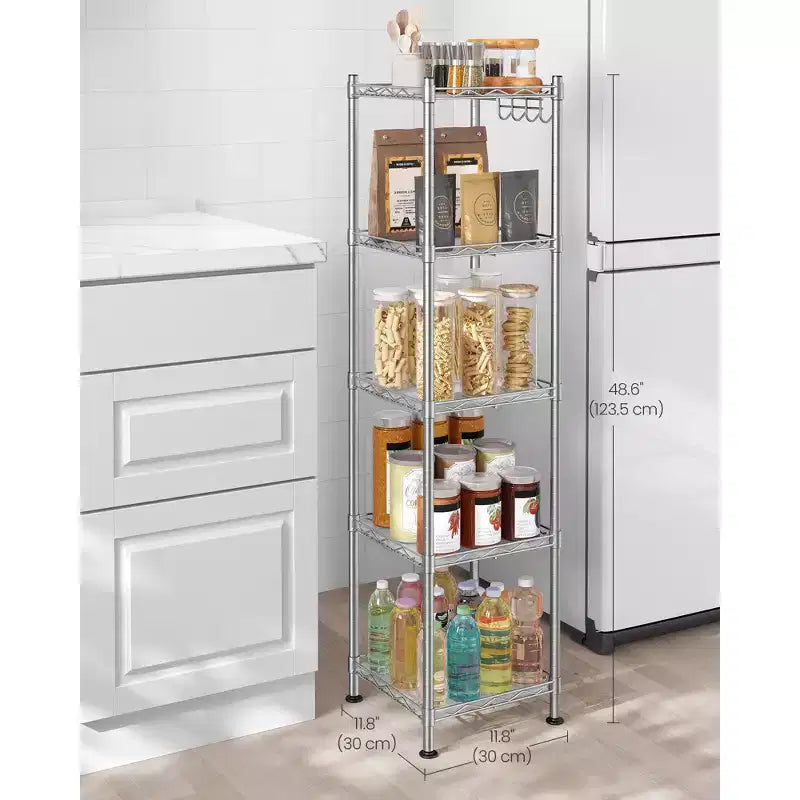 SONGMICS 5-Tier Bathroom Shelf, Storage Rack for Small Space, with 5 PP Shelf Liners, Removable Hook, Extendable Design