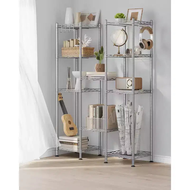 SONGMICS 5-Tier Bathroom Shelf, Storage Rack for Small Space, with 5 PP Shelf Liners, Removable Hook, Extendable Design