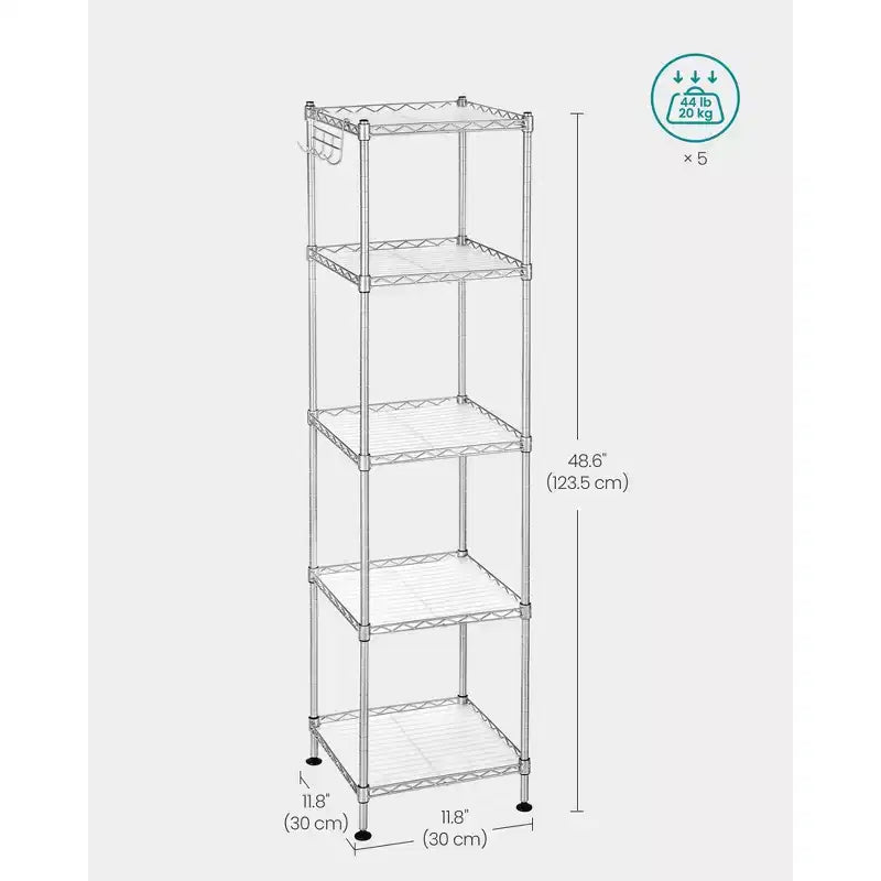 SONGMICS 5-Tier Bathroom Shelf, Storage Rack for Small Space, with 5 PP Shelf Liners, Removable Hook, Extendable Design