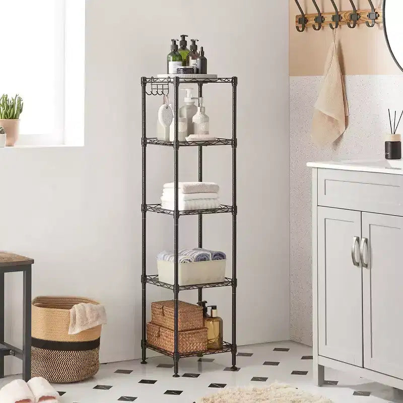 SONGMICS 5-Tier Bathroom Shelf, Storage Rack for Small Space, with 5 PP Shelf Liners, Removable Hook, Extendable Design