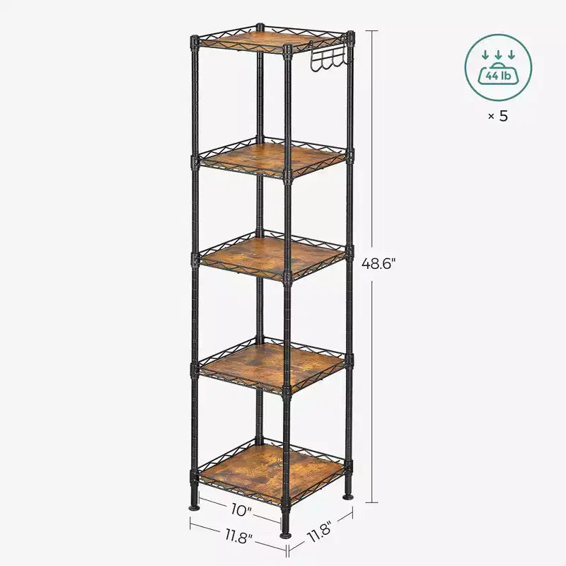 SONGMICS 5-Tier Bathroom Shelf, Storage Rack for Small Space, with 5 PP Shelf Liners, Removable Hook, Extendable Design