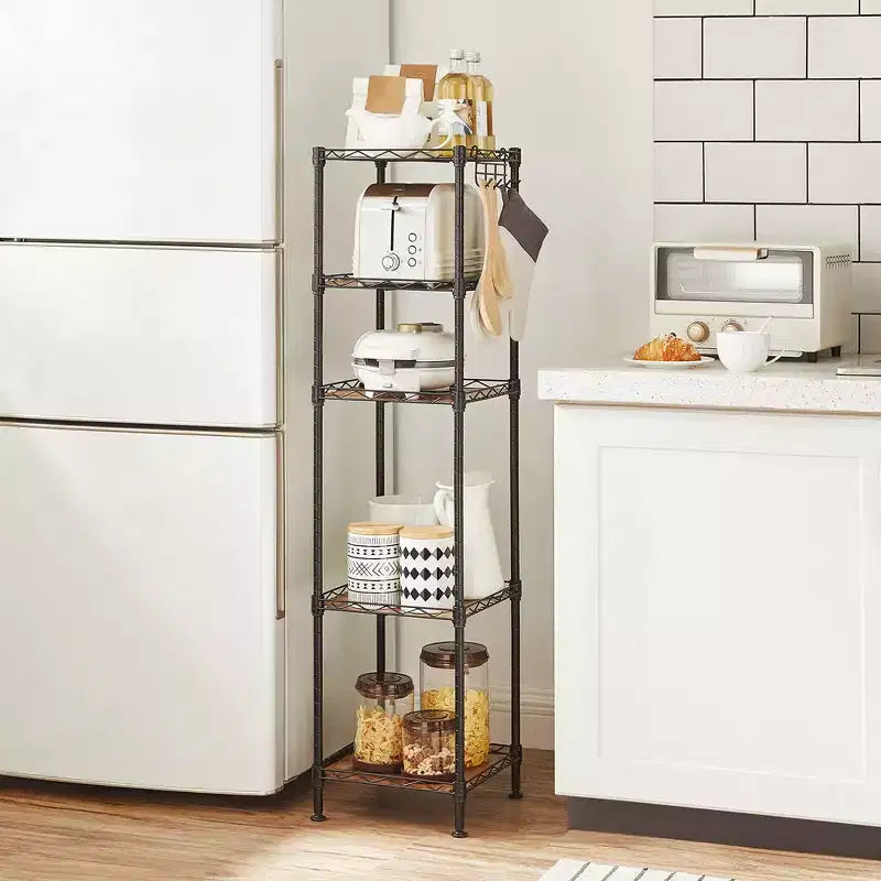SONGMICS 5-Tier Bathroom Shelf, Storage Rack for Small Space, with 5 PP Shelf Liners, Removable Hook, Extendable Design