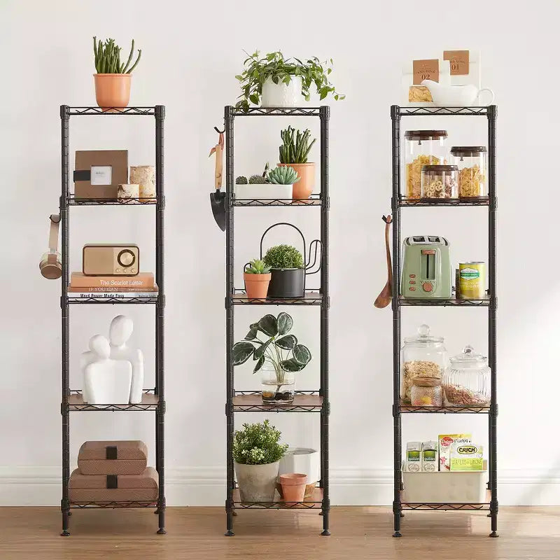 SONGMICS 5-Tier Bathroom Shelf, Storage Rack for Small Space, with 5 PP Shelf Liners, Removable Hook, Extendable Design
