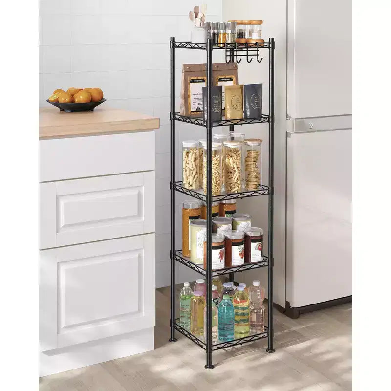 SONGMICS 5-Tier Bathroom Shelf, Storage Rack for Small Space, with 5 PP Shelf Liners, Removable Hook, Extendable Design