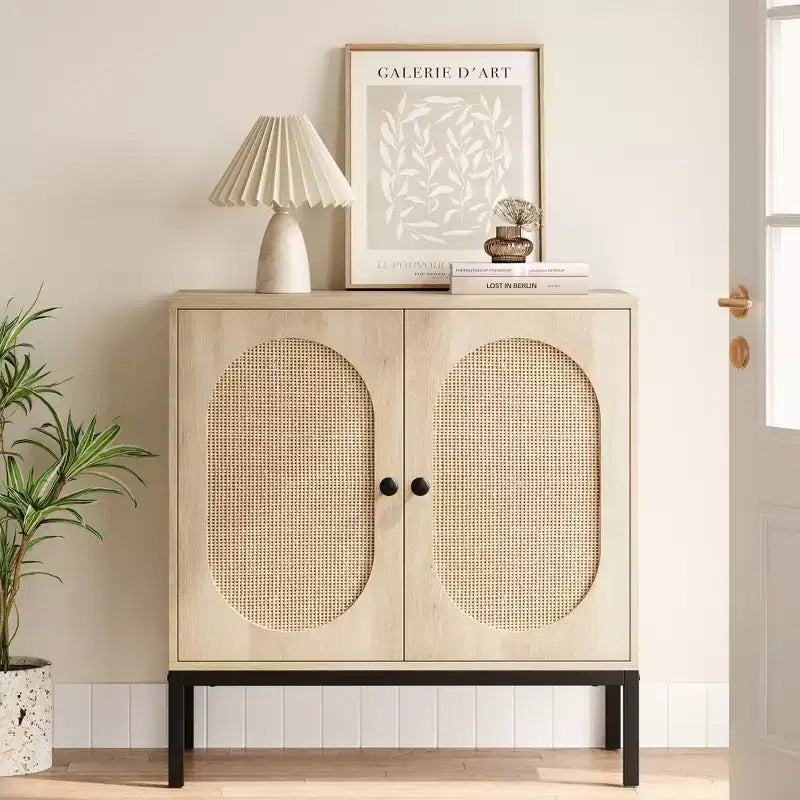 Whizmax Rattan Buffet Cabinet, Natural Storage Cabinet with Adjustable Shelves, Small Sideboard Table for Dining Room Kitchen Living Room Hallway