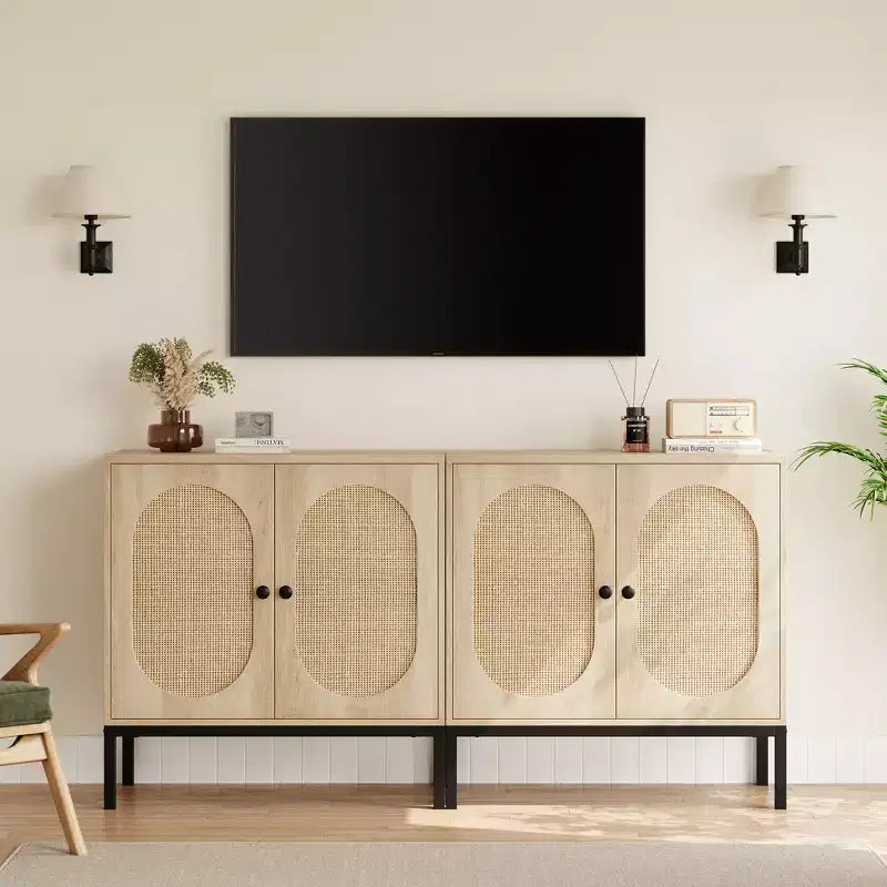 Whizmax Rattan Buffet Cabinet, Natural Storage Cabinet with Adjustable Shelves, Small Sideboard Table for Dining Room Kitchen Living Room Hallway