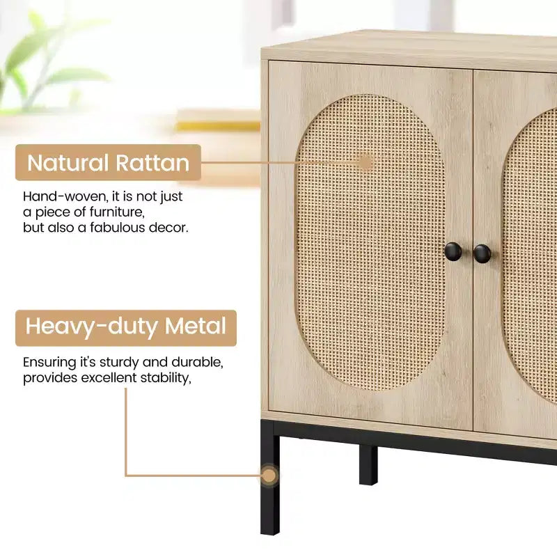 Whizmax Rattan Buffet Cabinet, Natural Storage Cabinet with Adjustable Shelves, Small Sideboard Table for Dining Room Kitchen Living Room Hallway