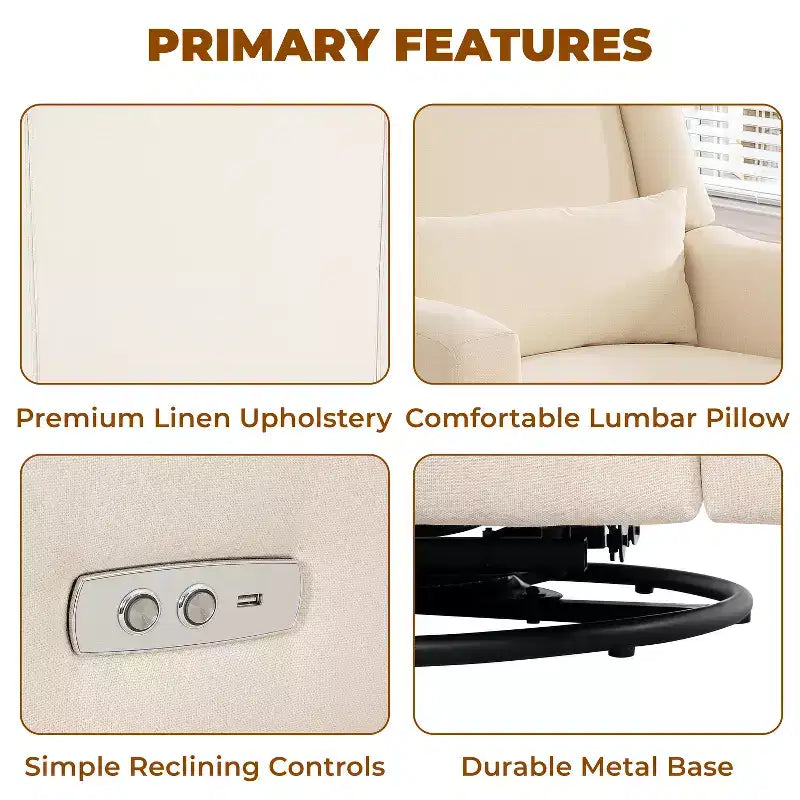 Luxury Power Motion Recliner with USB Charging, Swivel, and Lumbar Support for Nursery Comfort