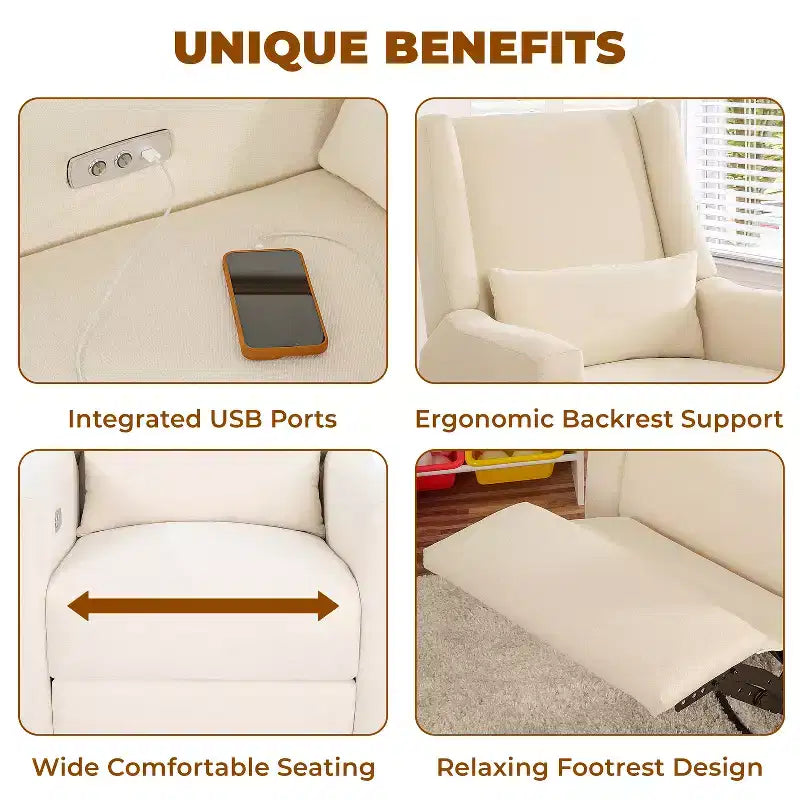 Luxury Power Motion Recliner with USB Charging, Swivel, and Lumbar Support for Nursery Comfort
