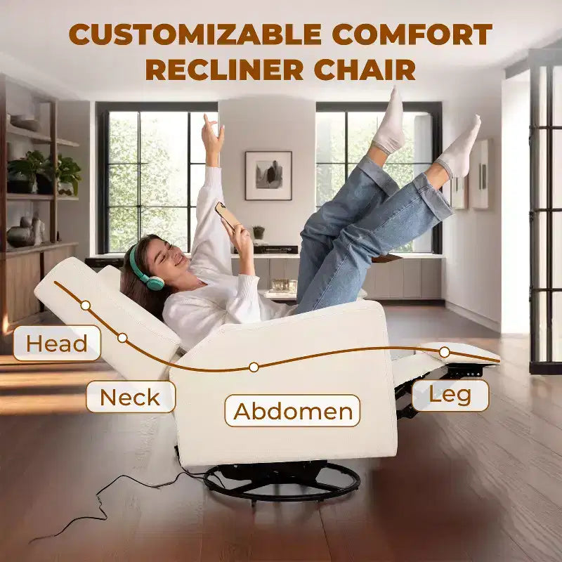Luxury Power Motion Recliner with USB Charging, Swivel, and Lumbar Support for Nursery Comfort