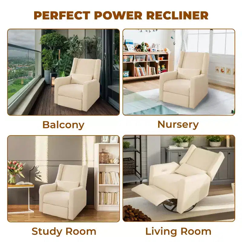 Luxury Power Motion Recliner with USB Charging, Swivel, and Lumbar Support for Nursery Comfort