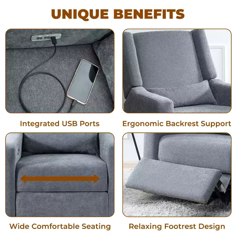 Luxury Power Motion Recliner with USB Charging, Swivel, and Lumbar Support for Nursery Comfort