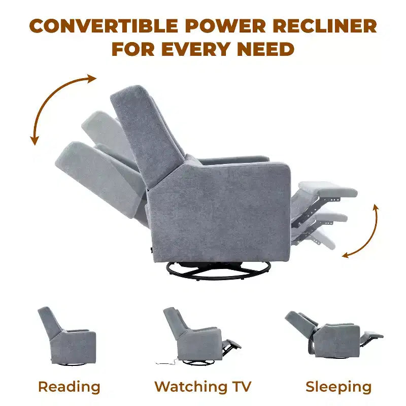 Luxury Power Motion Recliner with USB Charging, Swivel, and Lumbar Support for Nursery Comfort