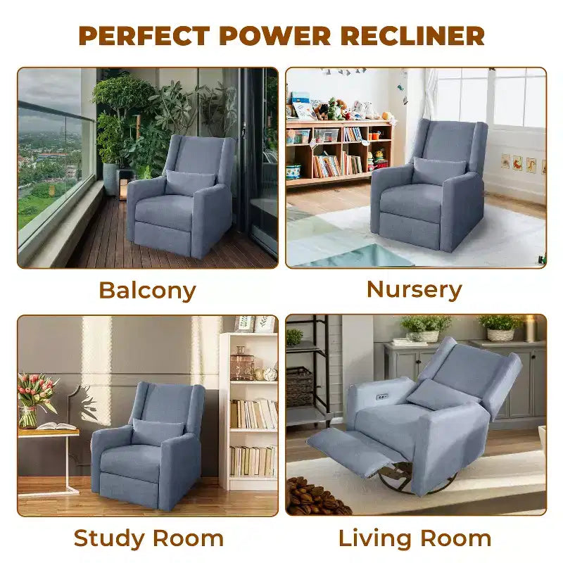 Luxury Power Motion Recliner with USB Charging, Swivel, and Lumbar Support for Nursery Comfort