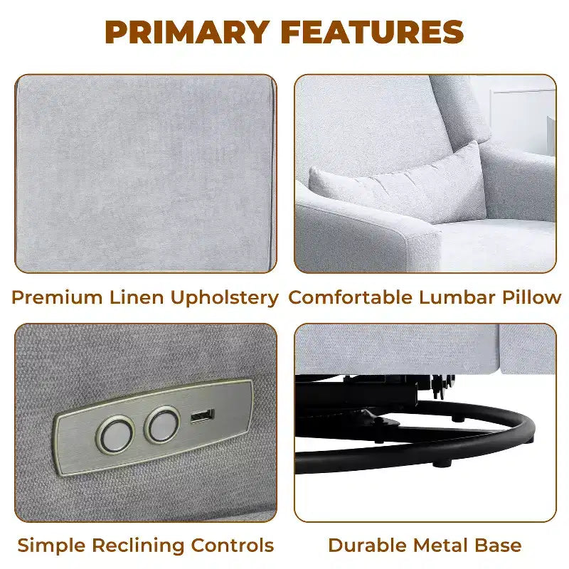 Luxury Power Motion Recliner with USB Charging, Swivel, and Lumbar Support for Nursery Comfort