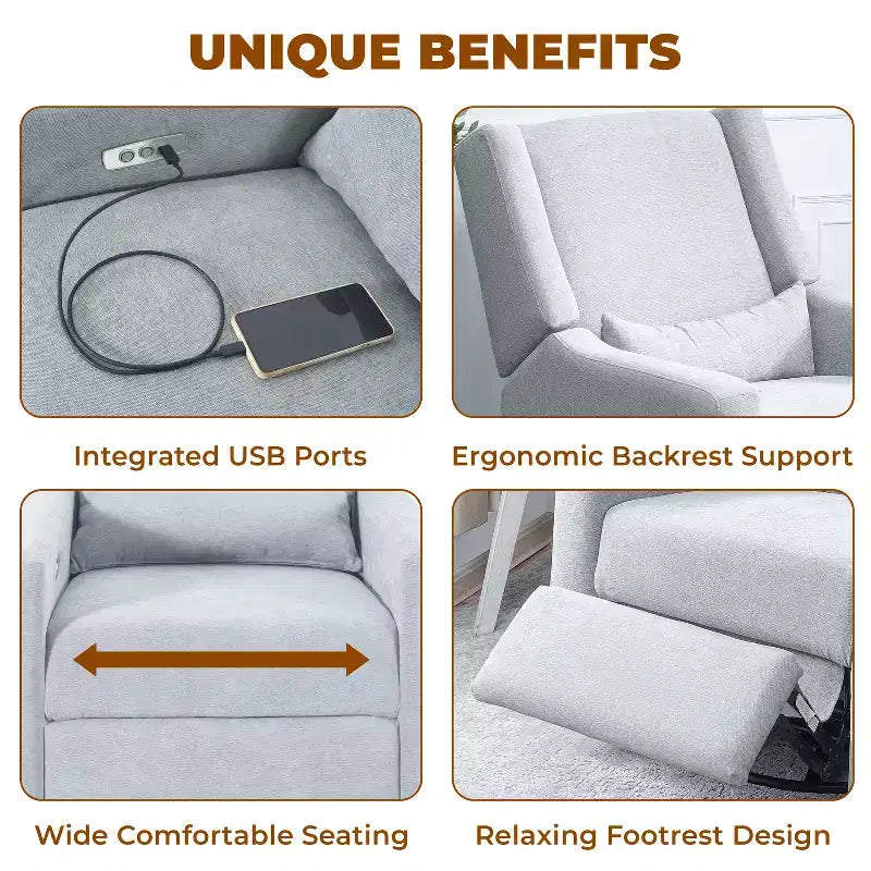 Luxury Power Motion Recliner with USB Charging, Swivel, and Lumbar Support for Nursery Comfort