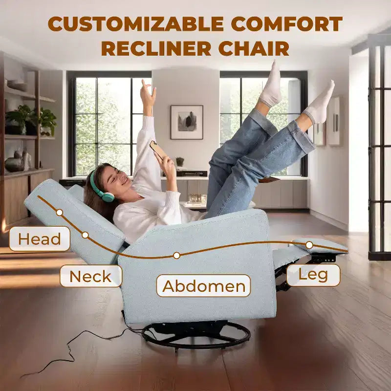 Luxury Power Motion Recliner with USB Charging, Swivel, and Lumbar Support for Nursery Comfort
