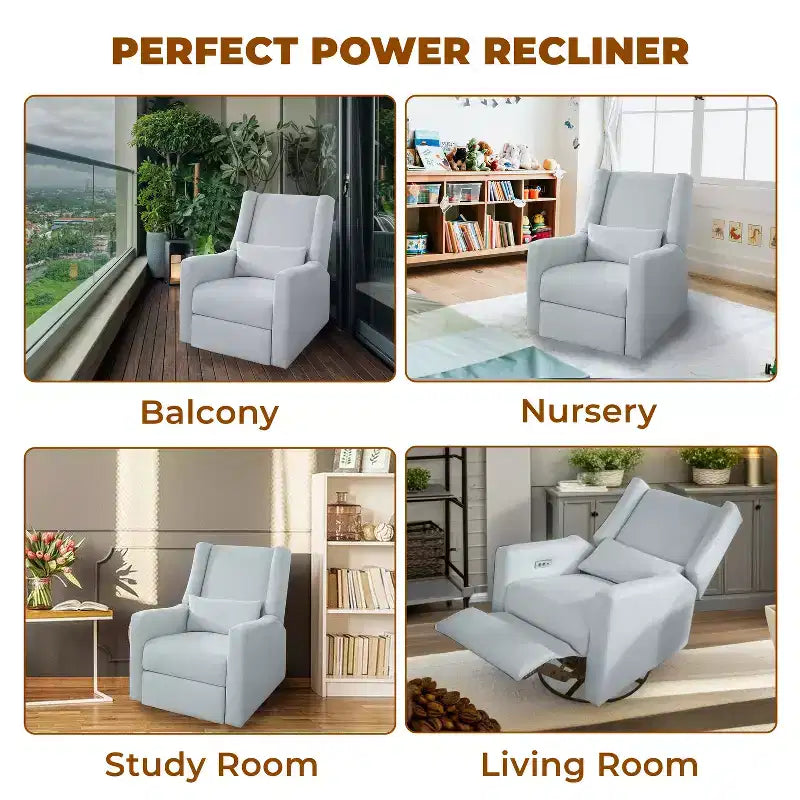 Luxury Power Motion Recliner with USB Charging, Swivel, and Lumbar Support for Nursery Comfort