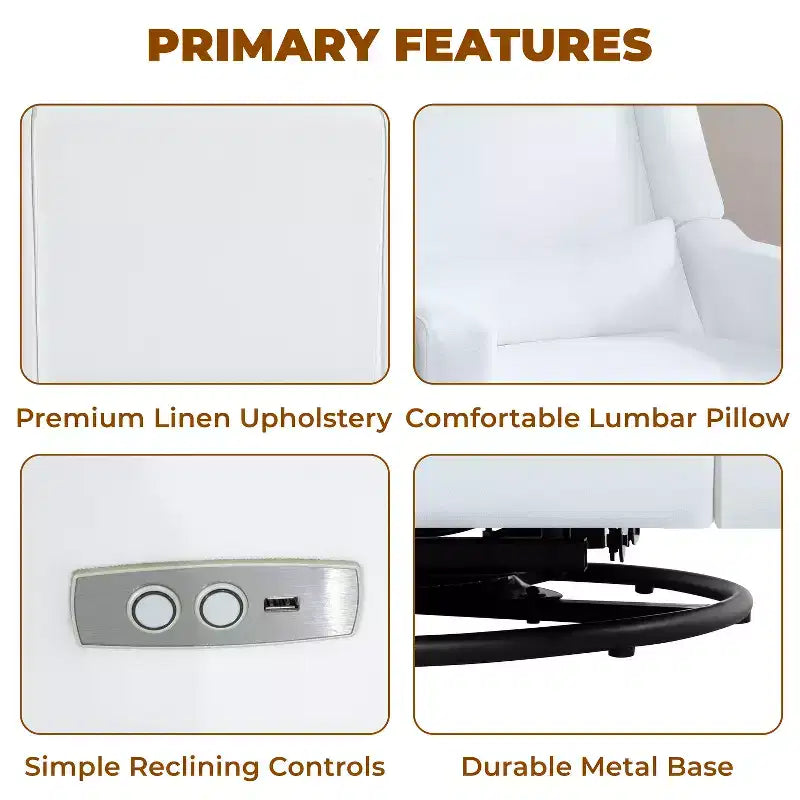 Luxury Power Motion Recliner with USB Charging, Swivel, and Lumbar Support for Nursery Comfort
