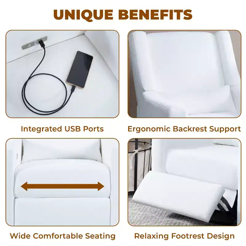 Luxury Power Motion Recliner with USB Charging, Swivel, and Lumbar Support for Nursery Comfort