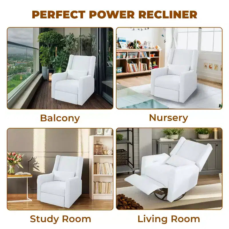 Luxury Power Motion Recliner with USB Charging, Swivel, and Lumbar Support for Nursery Comfort