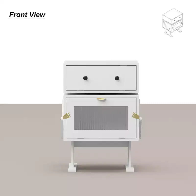 Famapy 360 Swivel Bedside Table with Drawer and Transparent Glass Cabinet Nightstand