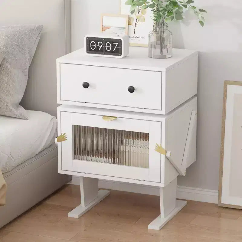 Famapy 360 Swivel Bedside Table with Drawer and Transparent Glass Cabinet Nightstand