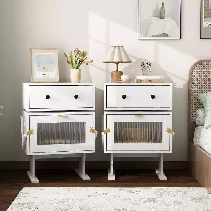 Famapy 360 Swivel Bedside Table with Drawer and Transparent Glass Cabinet Nightstand