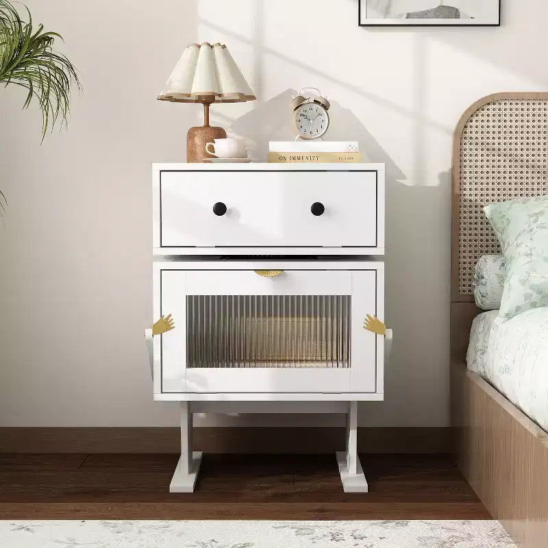 Famapy 360 Swivel Bedside Table with Drawer and Transparent Glass Cabinet Nightstand