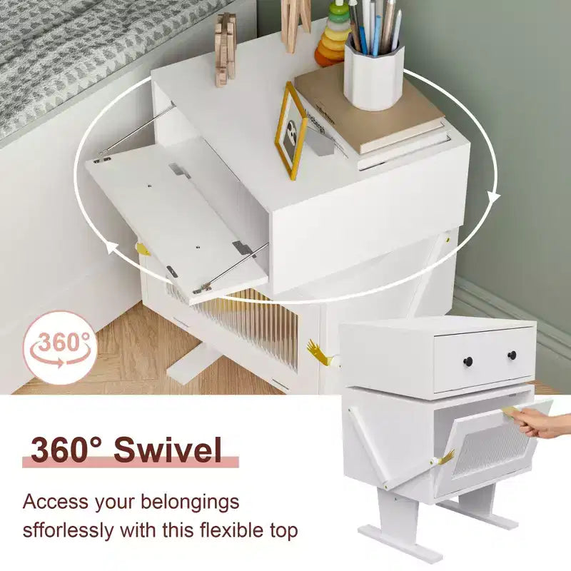 Famapy 360 Swivel Bedside Table with Drawer and Transparent Glass Cabinet Nightstand