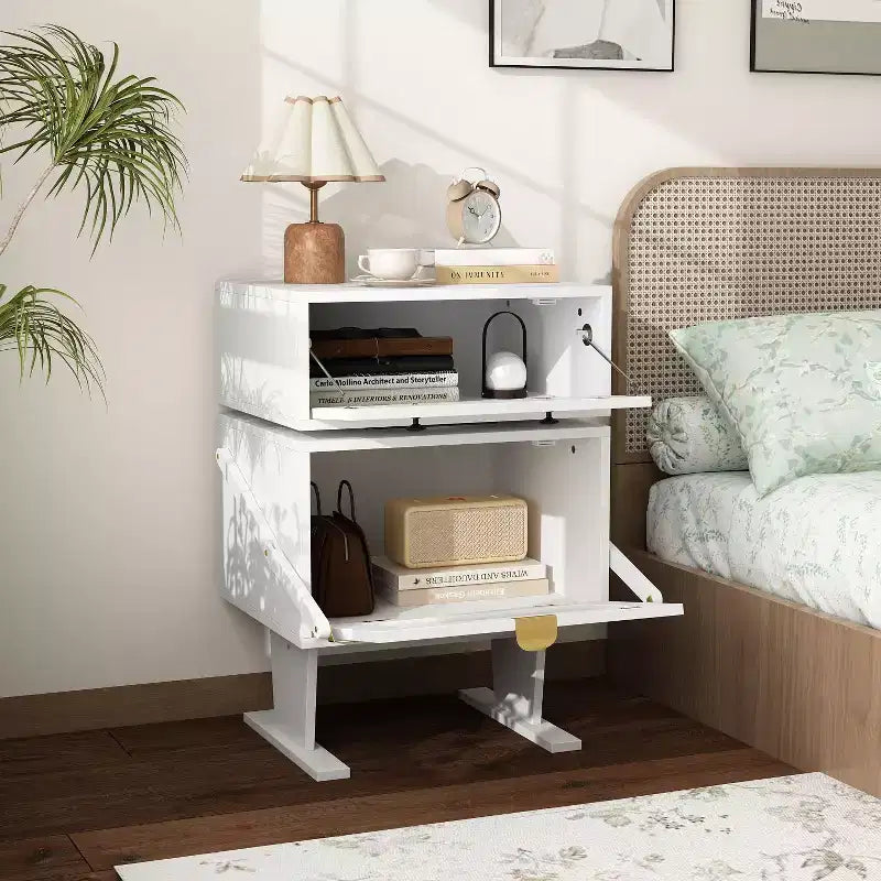 Famapy 360 Swivel Bedside Table with Drawer and Transparent Glass Cabinet Nightstand