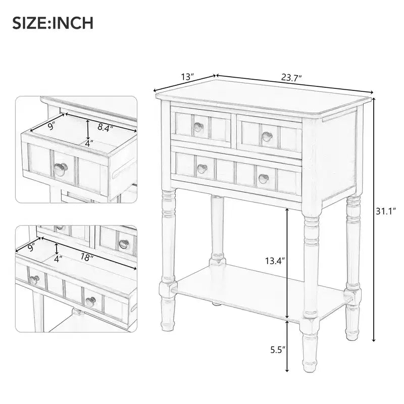 Whisen Classic Narrow Console Table with Three Storage Drawers and Bottom Shelf