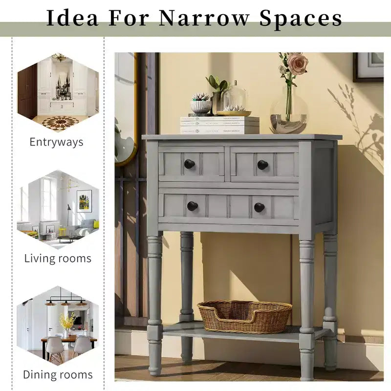 Whisen Classic Narrow Console Table with Three Storage Drawers and Bottom Shelf