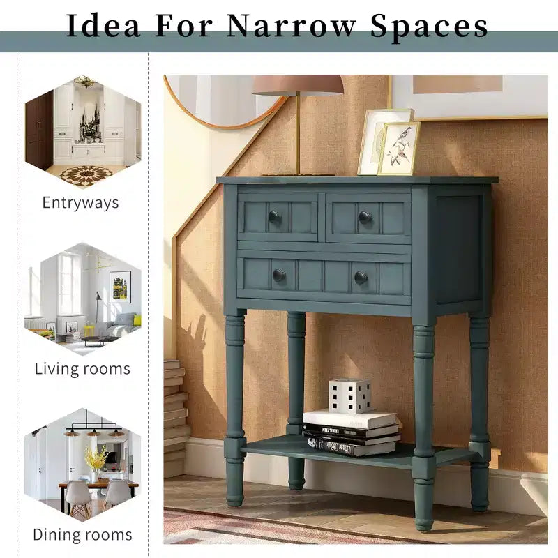 Whisen Classic Narrow Console Table with Three Storage Drawers and Bottom Shelf