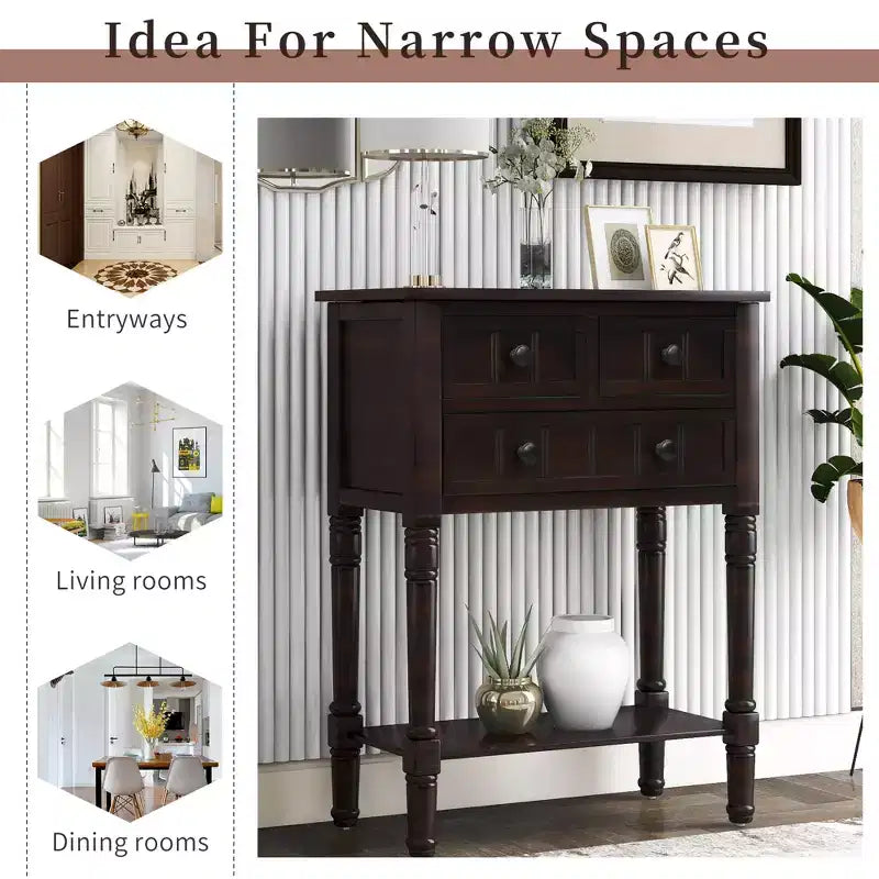 Whisen Classic Narrow Console Table with Three Storage Drawers and Bottom Shelf