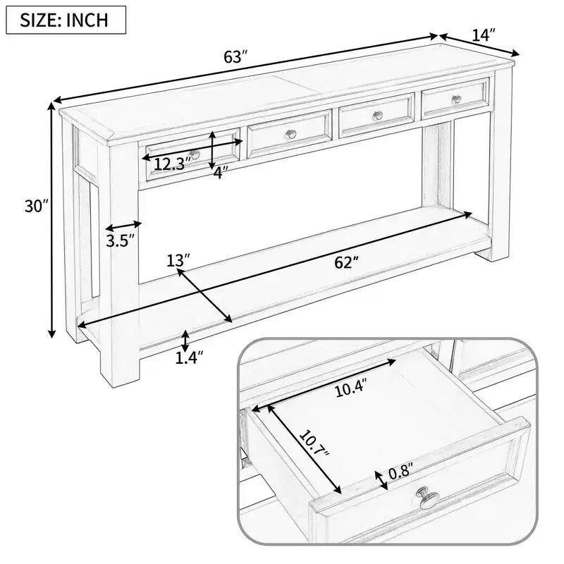 Whisen Rustic Rectangle Wood Console Table with 4-Storage Drawers and Bottom Shelf