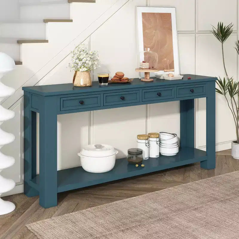 Whisen Rustic Rectangle Wood Console Table with 4-Storage Drawers and Bottom Shelf