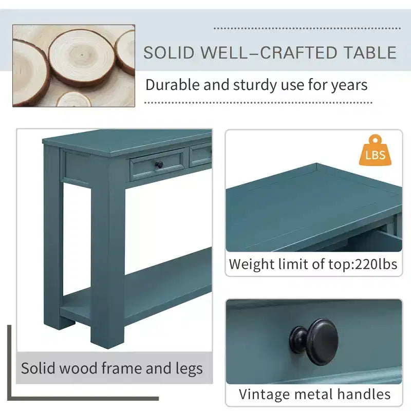 Whisen Rustic Rectangle Wood Console Table with 4-Storage Drawers and Bottom Shelf