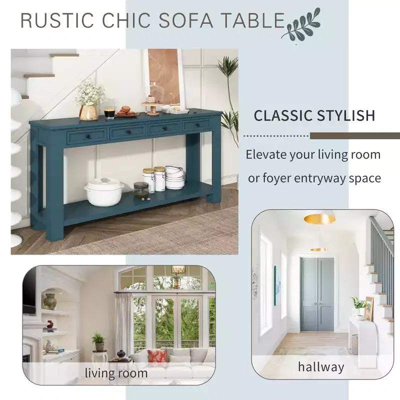 Whisen Rustic Rectangle Wood Console Table with 4-Storage Drawers and Bottom Shelf