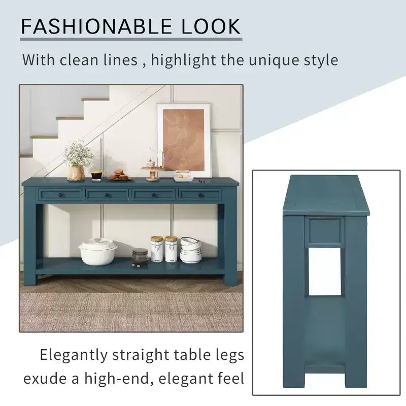 Whisen Rustic Rectangle Wood Console Table with 4-Storage Drawers and Bottom Shelf