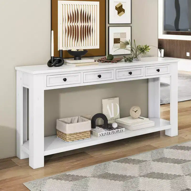 Whisen Rustic Rectangle Wood Console Table with 4-Storage Drawers and Bottom Shelf